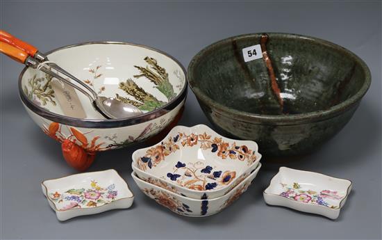 A seaweed-style salad bowl with servers, other ceramics including studio pottery bowl